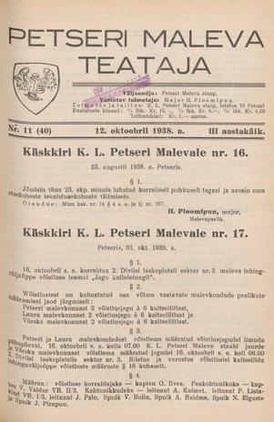 Petseri Maleva Teataja ; 11 (40) 1938-10-12