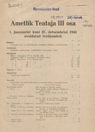 Ametlik Teataja. III osa = Amtlicher Anzeiger. III Teil ; sisukord 1943