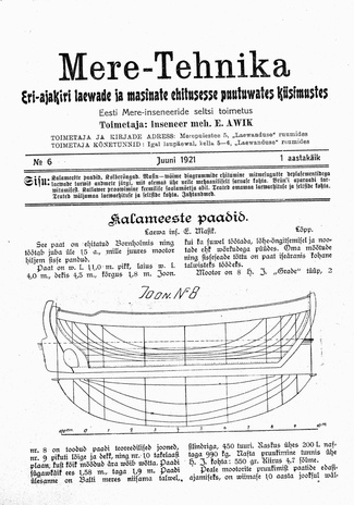 Mere-Tehnika : eri-ajakiri laevade ja masinate ehitusesse puutuvates küsimustes ; 6 1921-06