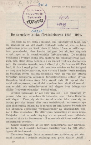 De svensk-estniska förbindelserna 1936-1937