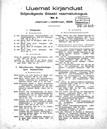 Uuemat Kirjandust Kaitsevägede Staabi raamatukogus ; 1 1938