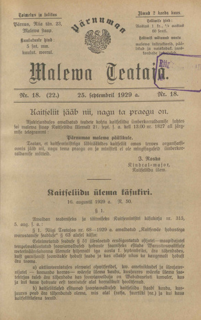 Pärnumaa Maleva Teataja ; 18 (22) 1929-09-25