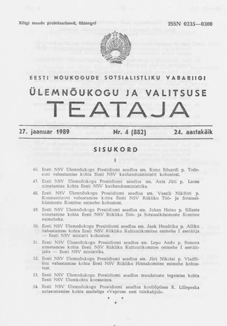 Eesti Nõukogude Sotsialistliku Vabariigi Ülemnõukogu ja Valitsuse Teataja ; 4 (882) 1989-01-27