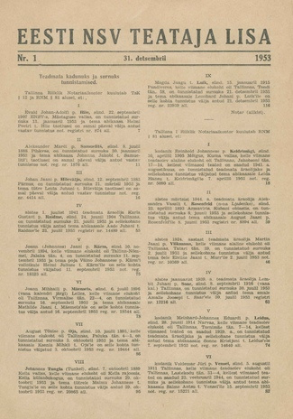 Eesti NSV Teataja lisa ; 1 1953-12-31