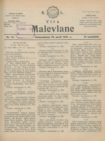 K. L. Viru Malevlane ; 14 1931-07-15