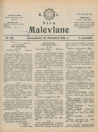 K. L. Viru Malevlane ; 27 1930-12-15