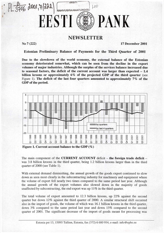 Eesti Pank : newsletter ; 7 (222) 2001-12-17