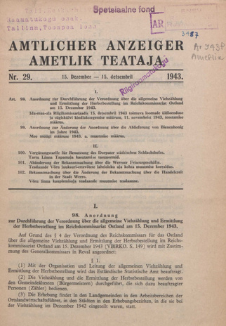 Ametlik Teataja. I/II osa = Amtlicher Anzeiger. I/II Teil ; 29 1943-12-15