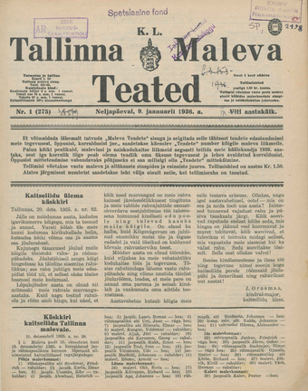 K. L. Tallinna Maleva Teated ; 1 (275) 1936-01-09