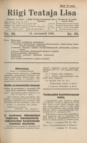 Riigi Teataja Lisa : seaduste alustel avaldatud teadaanded ; 88 1933-11-14