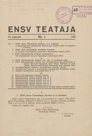 Eesti NSV Teataja ; 1 1940-08-29