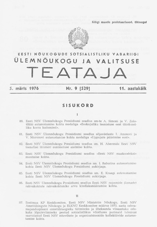 Eesti Nõukogude Sotsialistliku Vabariigi Ülemnõukogu ja Valitsuse Teataja ; 9 (529) 1976-03-05