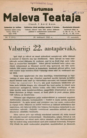 Tartumaa Maleva Teataja ; 2 (251) 1940-02-20