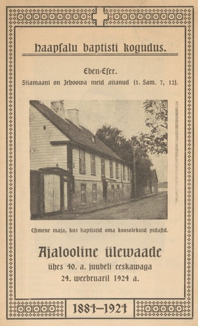 Haapsalu baptisti kogudus : 1884-1924 : ajalooline ülewaade ühes 40. a. juubeli eeskawaga 24. weebruaril 1924. a.