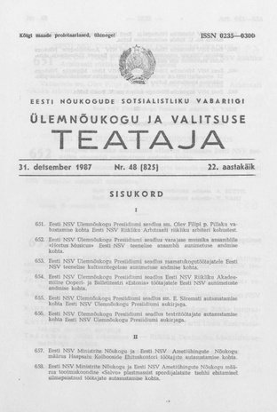 Eesti Nõukogude Sotsialistliku Vabariigi Ülemnõukogu ja Valitsuse Teataja ; 48 (825) 1987-12-31