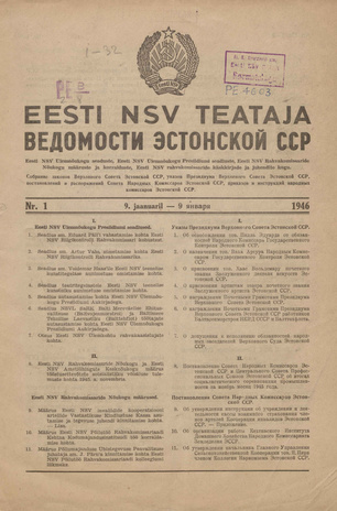 Eesti NSV Teataja = Ведомости Эстонской ССР ; 1 1946-01-09