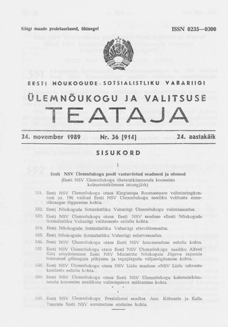 Eesti Nõukogude Sotsialistliku Vabariigi Ülemnõukogu ja Valitsuse Teataja ; 36 (914) 1989-11-24