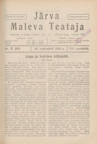 Järva Maleva Teataja ; 17 (181) 1936-09-14
