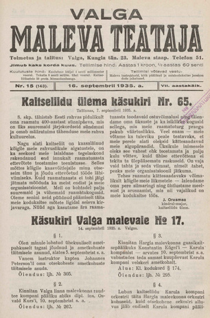 Valga Maleva Teataja ; 15 (143) 1935-09-16