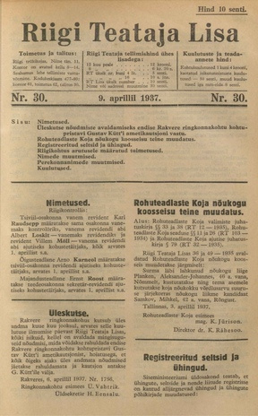 Riigi Teataja Lisa : seaduste alustel avaldatud teadaanded ; 30 1937-04-09