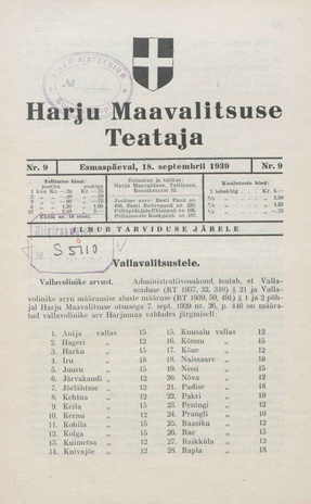 Harju Maavalitsuse Teataja ; 9 1939-09-18
