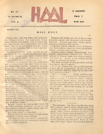 Hääl : kunsti, teaduse ja belletristika kuukiri ; 22 1933-11-18