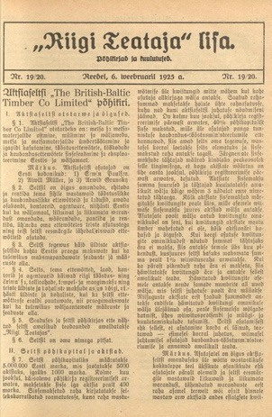 Riigi Teataja Lisa : seaduste alustel avaldatud teadaanded ; 19/20 1925-02-06