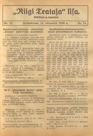 Riigi Teataja Lisa : seaduste alustel avaldatud teadaanded ; 74 1926-10-12