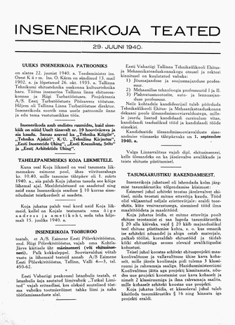 Insenerikoja Teated : ajakiri ; 1940-06-29