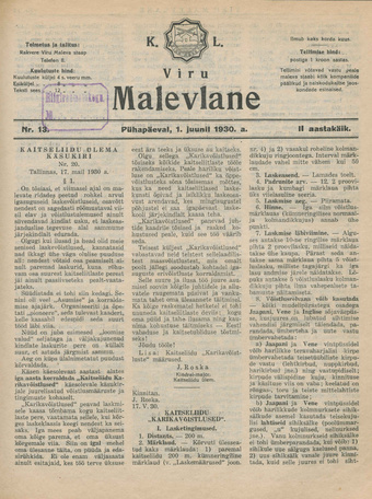 K. L. Viru Malevlane ; 13 1930-06-01