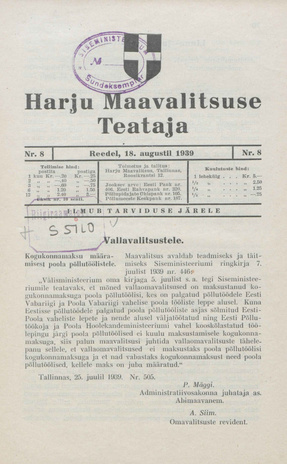 Harju Maavalitsuse Teataja ; 8 1939-08-18