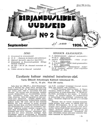 Kirjanduslikke uudiseid ; 2 1926
