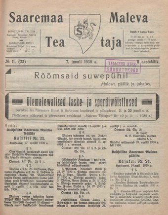 Saaremaa Maleva Teataja ; 11 (33) 1930-06-07