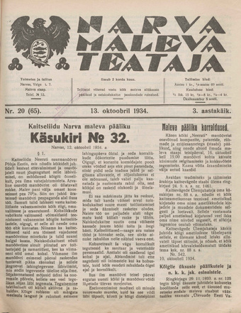 Narva Maleva Teataja ; 20 (65) 1934-10-13