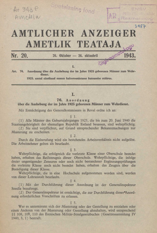 Ametlik Teataja. I/II osa = Amtlicher Anzeiger. I/II Teil ; 20 1943-10-26