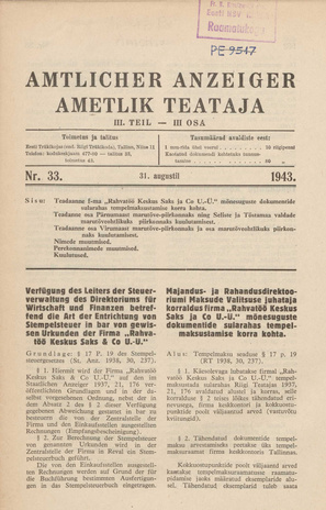 Ametlik Teataja. III osa = Amtlicher Anzeiger. III Teil ; 33 1943-08-31
