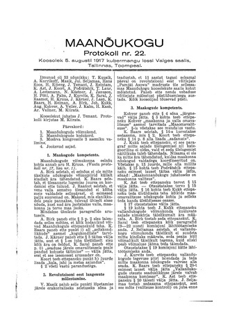 Maanõukogu protokoll nr.22 (5. august 1917)