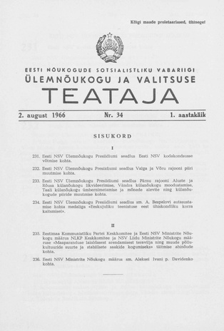 Eesti Nõukogude Sotsialistliku Vabariigi Ülemnõukogu ja Valitsuse Teataja ; 34 1966-08-02