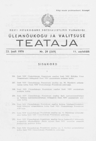Eesti Nõukogude Sotsialistliku Vabariigi Ülemnõukogu ja Valitsuse Teataja ; 29 (549) 1976-07-23