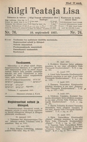 Riigi Teataja Lisa : seaduste alustel avaldatud teadaanded ; 76 1937-09-10
