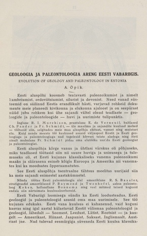 Geoloogia ja paleontoloogia areng Eesti Vabariigis = Evolution of geology and paleontology in Estonia