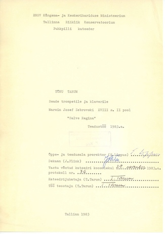 Salve Regina aaria trompetile ja klaverile ; teadustöö 1983.a. eest