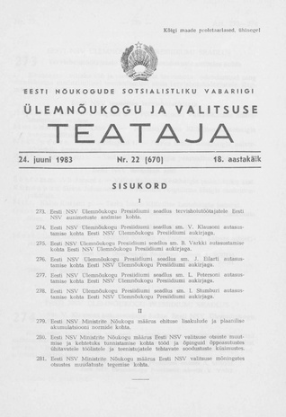 Eesti Nõukogude Sotsialistliku Vabariigi Ülemnõukogu ja Valitsuse Teataja ; 22 (670) 1983-06-24