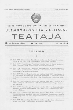 Eesti Nõukogude Sotsialistliku Vabariigi Ülemnõukogu ja Valitsuse Teataja ; 30 (765) 1986-09-19