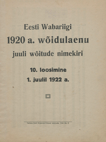 Eesti Wabariigi 1920. a. wõidulaenu juuli wõitude nimekiri : 10. loosimine 1. juulil 1922. a.