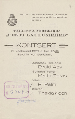 Tallinna Meeskoor "Eesti Laulumehed" : kontsert 21. veebruaril 1937. a. Estonia kontsertsaalis : [kava]