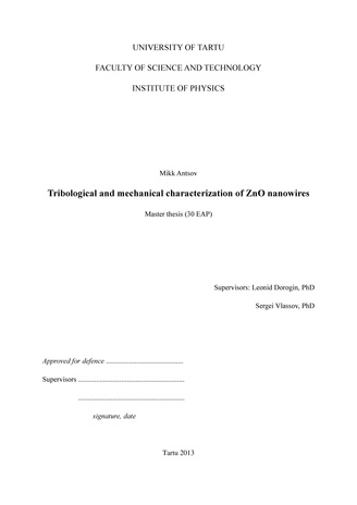 Tribological and mechanical characterization of ZnO nanowires : master thesis  