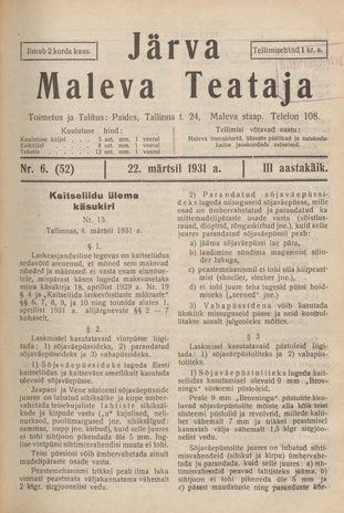 Järva Maleva Teataja ; 6 (52) 1931-03-22