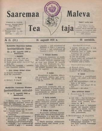 Saaremaa Maleva Teataja ; 15 (62) 1931-08-10