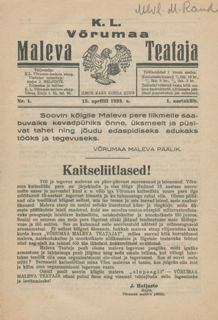 K. L. Võrumaa Maleva Teataja ; 1 1933-04-15